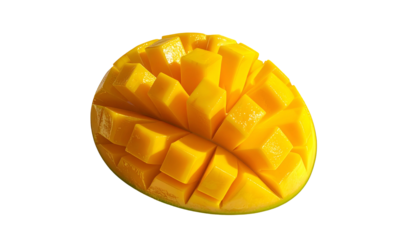 Bright yellow, fresh mango cut into cubes on a black background