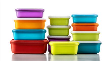 High-quality, colorful stackable food containers, neatly arranged, isolated on a clean white background, realistic lighting, sharp details, commercial product photography style