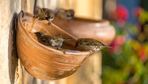Sparrows drinking from terracotta bowls on a wall - Powered by Adobe
