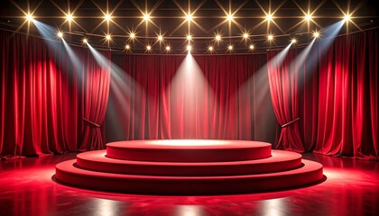 Dramatic Red Stage with Spotlights with Curtains and Round Podium, and Empty Theater.