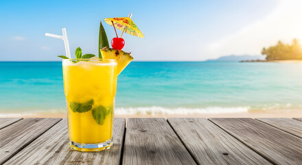 Obraz premium Yellow cocktail with mint and ice on a wooden table at the beach