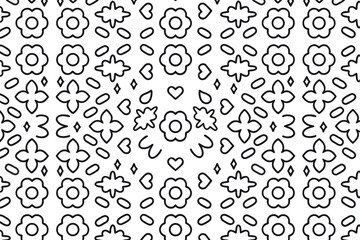 Floral pattern illustration featuring various flower shapes, hearts, and decorative elements on a white background, creating a vibrant and playful design for textiles or wallpapers