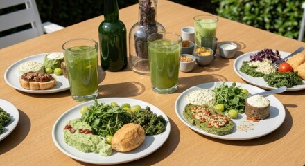 Outdoor table laden with vibrant green dishes and drinks.  Fresh, healthy meal prep