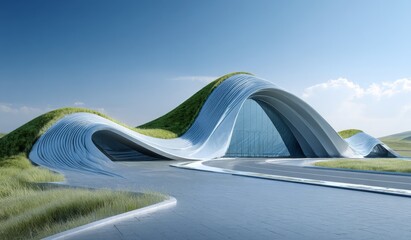 A modern building with curvilinear forms and green roof, showcasing innovative design and sustainable elements.