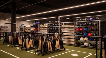 Indoor Baseball Training Facility: Bats, Helmets, and Balls on Display