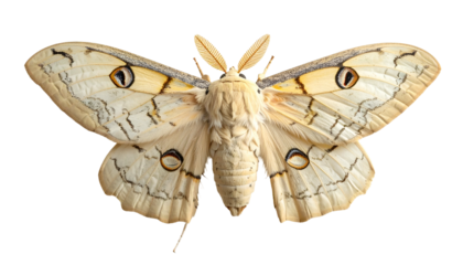 Large moth, cream and brown, detailed wing patterns with eye-like markings
