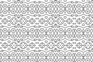 Floral pattern illustration featuring intricate designs of flowers, hearts, and decorative elements in a seamless layout, perfect for backgrounds and textile applications