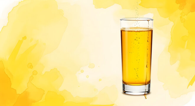 Glass of amber liquid with bubbles on abstract yellow background - Powered by Adobe