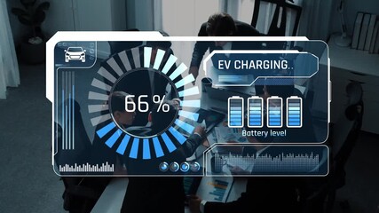 A business team collaborates on electric vehicle charging technology. The digital interface shows battery levels, emphasizing modern workplace innovation and sustainability. Raster - Powered by Adobe