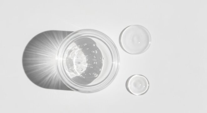 Overhead view of clear glass containers with liquid.  Sunlight casts dramatic shadows