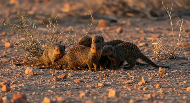 Group of mongooses foraging together in a dry arid environment at sunset