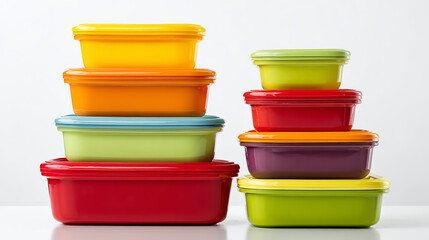 High-quality, colorful stackable food containers, neatly arranged, isolated on a clean white background, realistic lighting, sharp details, commercial product photography style