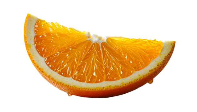 Close-up shot of a juicy, vibrant orange slice with glistening texture