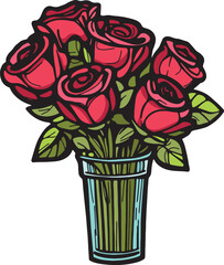 Vibrant bouquet of red roses in a clear glass vase, showcasing lush green leaves, perfect for decoration, celebration, or as a thoughtful gift in various settings
