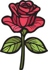Vibrant red rose illustration with intricate details, showcasing lush green leaves and a striking design, perfect for romantic themes and floral decorations