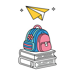 Colorful backpack with floral design resting on stacked books, accompanied by a paper airplane, creating a playful and educational atmosphere for students and learners