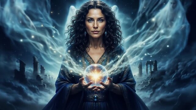 Spiritual medium woman channeling ethereal spirits with mystical blue energy surrounding her during supernatural s&eacute;ance ritual ceremony. Animation