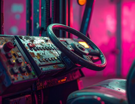 Macro shot of a forklift control panel and steering wheel, with worn paint, buttons, and natural hand-use textures, bright magenta studio background - Powered by Adobe