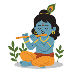 Colorful illustration of a joyful figure playing a flute, surrounded by lush green plants, embodying harmony and creativity in a serene artistic setting