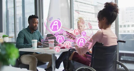 Colleagues tapping tablet, typing laptop and guiding pink network overlay during tech collaboration - Powered by Adobe