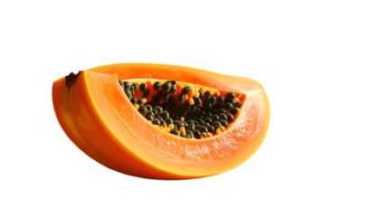 Close-up of a ripe papaya slice with dark seeds, orange flesh