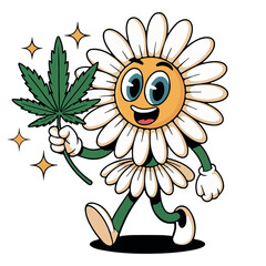 Cheerful cartoon flower character with a smiling face, holding a green cannabis leaf, surrounded by sparkling stars, representing a fun and playful concept in a vibrant illustration