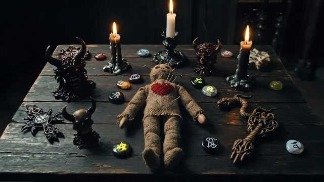 voodoo doll with pins and red heart on ritual table