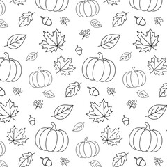 Black and white illustration featuring various pumpkins, leaves, acorns, and berries arranged in a seamless pattern, perfect for seasonal design projects and autumn-themed decorations