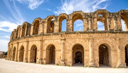 Ancient stone amphitheater under a vibrant sky