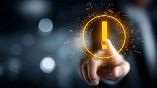A finger is touching a digital exclamation mark indicator on a high-tech interface, representing alert or notification in a digital context.