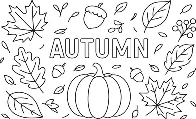 Autumn-themed illustration featuring various leaves, acorns, and a pumpkin, creating a seasonal atmosphere with intricate line art and decorative elements for creative projects