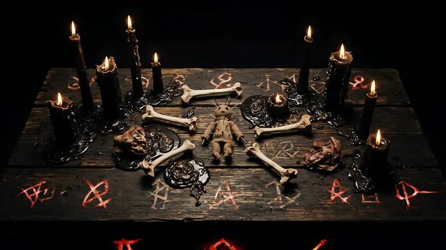 voodoo doll dark magic ritual with occult symbols and bones