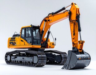 Product shot of a tracked excavator with boom extended, clean white background with high-contrast studio lights