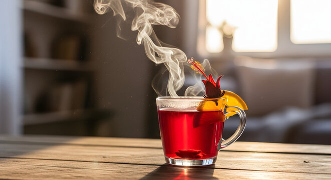 Hot herbal tea in a glass mug with steam and garnish