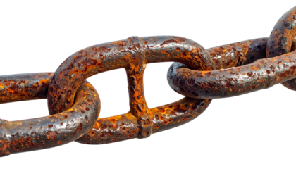 Close-up of weathered, rusty metal chain links, showing decay