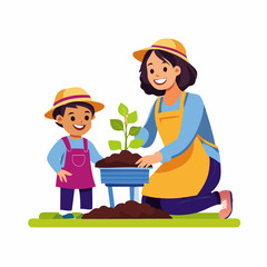 A mother and child compost together outdoors. They are smiling and engaged in gardening, promoting sustainability and family time. Bright, flat illustration.