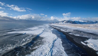Obraz premium Snowy black sand beach meets a vast ocean under a vibrant blue sky