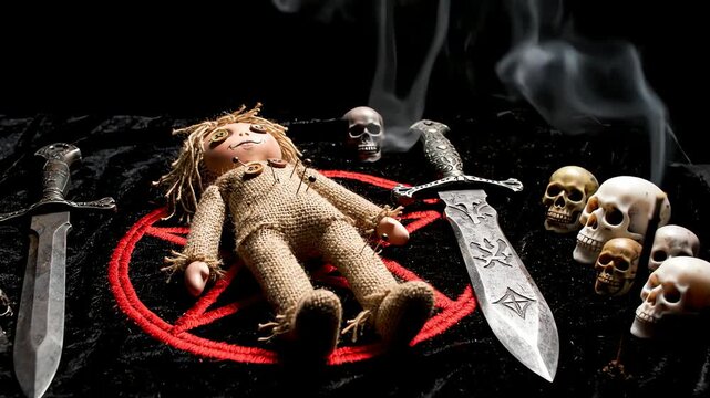 voodoo doll with skulls daggers and pentagram