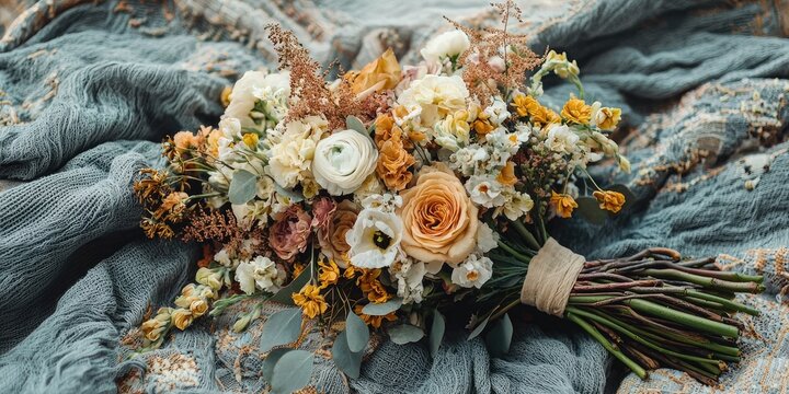 A beautiful, rustic wedding bouquet with a mix of dried and fresh flowers, including roses, ranunculus, and eucalyptus, wrapped in twine and placed on a textured, patterned blanket. - Powered by Adobe