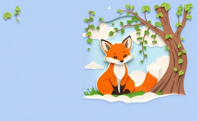 Obraz premium An adorable paper-cut style fox illustration. A small fox sits by a leafy tree under a bright blue sky, creating a peaceful nature scene.