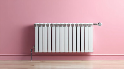Modern white home radiator with control valve mounted on a pastel pink wall, interior heating concept, clean and minimal style, high-resolution, realistic lighting