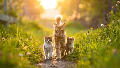 Adorable kittens and mother cat in a sunlit path