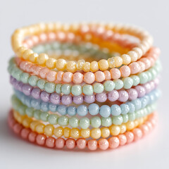 Pastel-colored stacked beaded bracelet, close-up, isolated on a clean white background