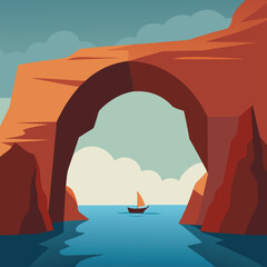 wide arch carved in cliffs with small boat passing (1).eps