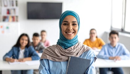 A smiling teacher in a classroom with students