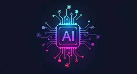 Vibrant Gradient AI Processor Microchip with Futuristic Circuitry Design on a Dark Background, Representing Artificial Intelligence and Advanced Technology