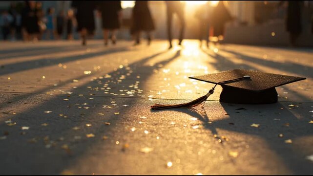 Graduation cap lies quietly on rough pavement, highlighted by warm sunlight, ready for the new chapter life.