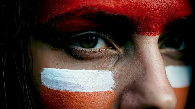 Primer plano de un ojo humano con pintura roja y blanca en estilo art&iacute;stico tribal