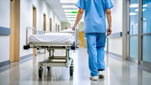 Trabajador de la salud caminando por un pasillo de hospital iluminado con ambiente profesional