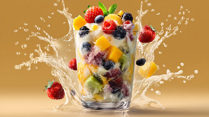 Refreshing glass of fresh fruit ice topped with creamy ice cream, vibrant fruits like berries, mango, and kiwi, realistic food photography, bright lighting, clean background